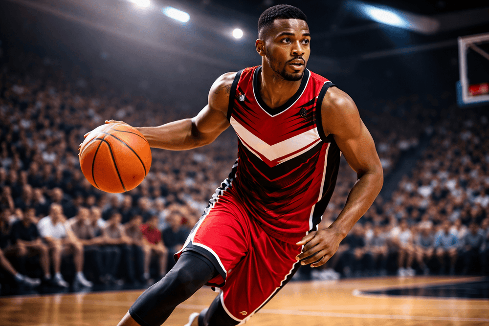 Joueur de basketball en plein dribble avec un maillot rouge et noir personnalisé BlaydSport