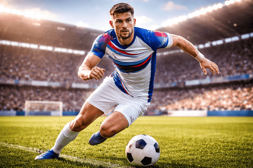 Joueur de football en plein match portant un maillot personnalisé BlaydSport sur un terrain de football